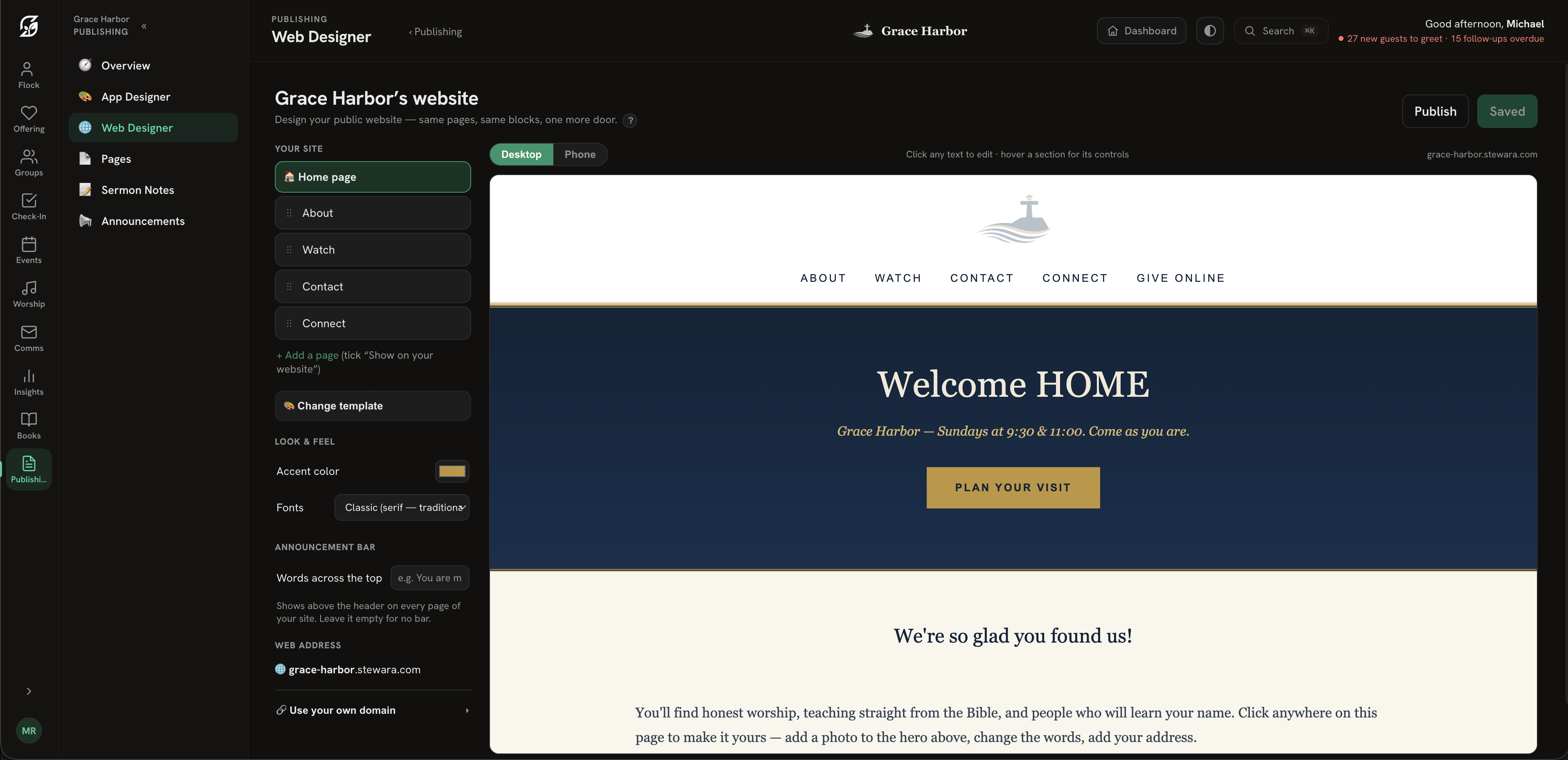 Stewara's Web Designer — a church's public website being edited, with the live site beside the editor