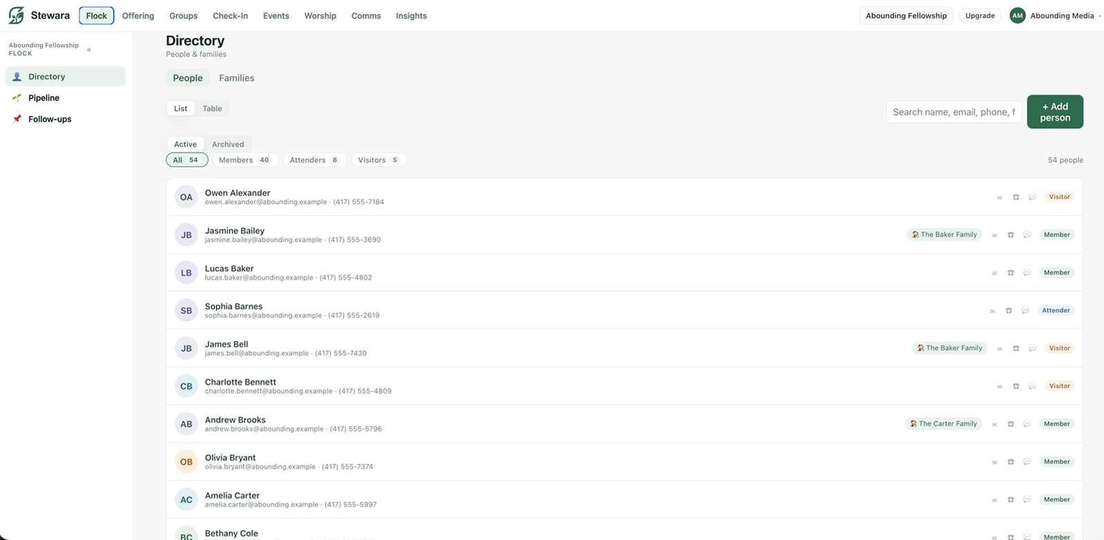 Stewara Flock — the people directory with care follow-ups