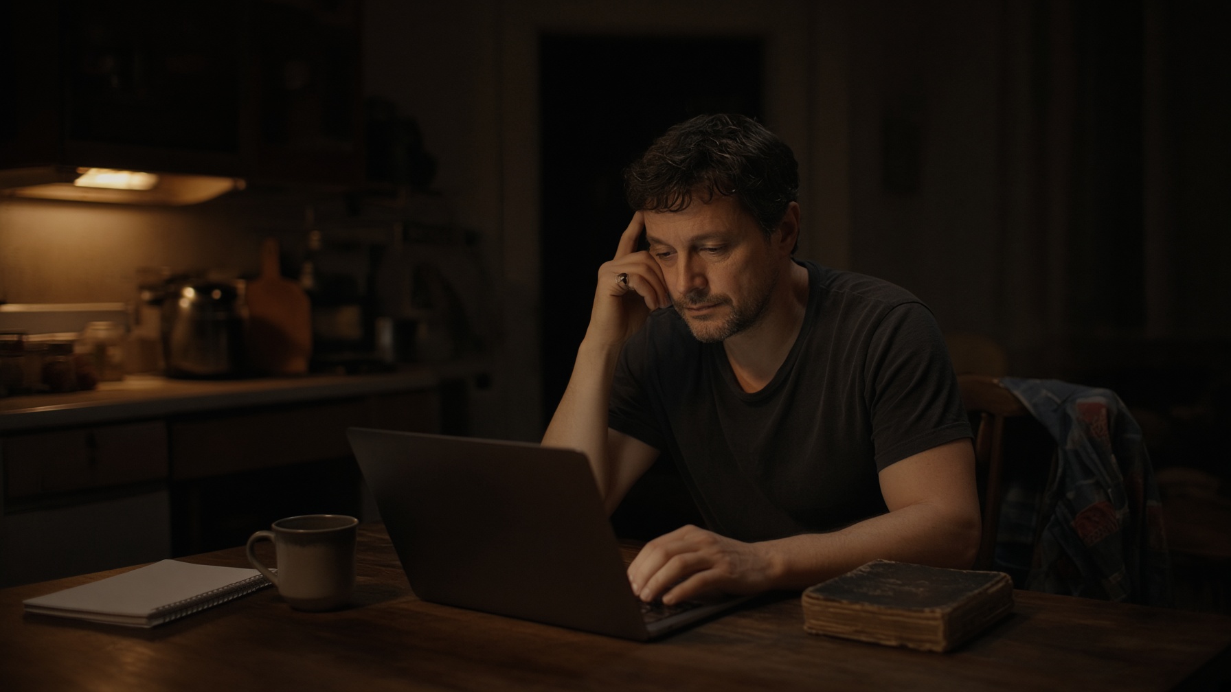 A man at a kitchen table late at night with a laptop and a cold cup of coffee, the rest of the house dark behind him