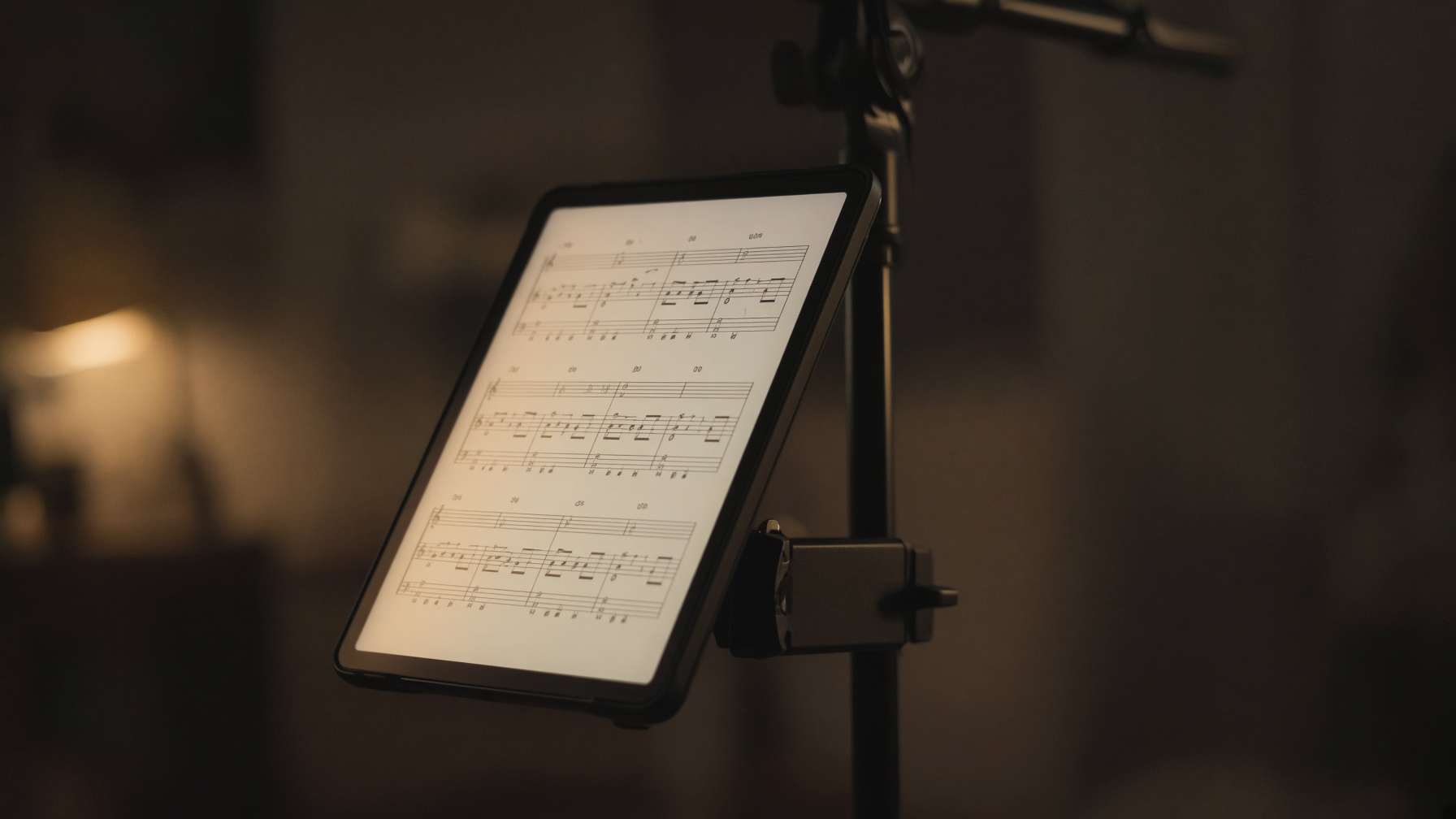 An iPad on a music stand showing a chord chart in a dim room, with a small Bluetooth foot pedal on the floor beneath it