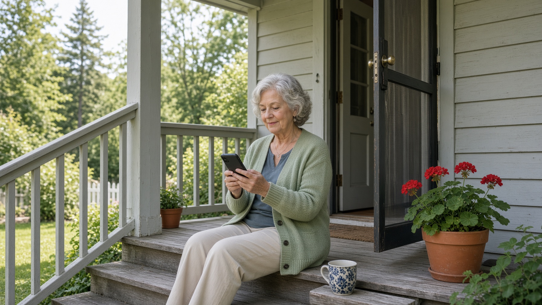 An older woman on a sofa holding a phone at arm's length, squinting at it, a folded church bulletin on the cushion beside her
