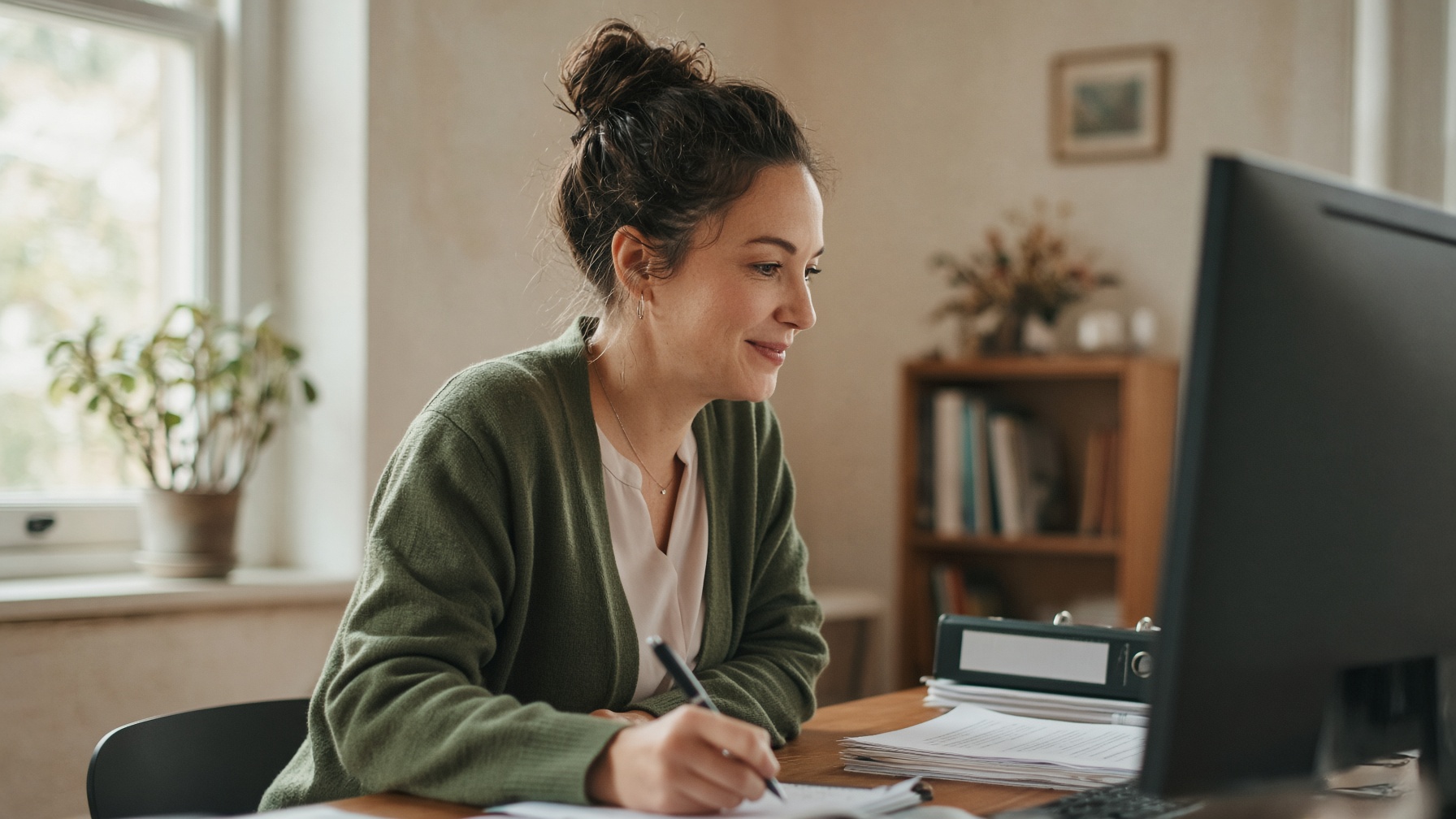 A church administrator works at her desk in a small office, pen in hand, a binder and a stack of paper beside her screen