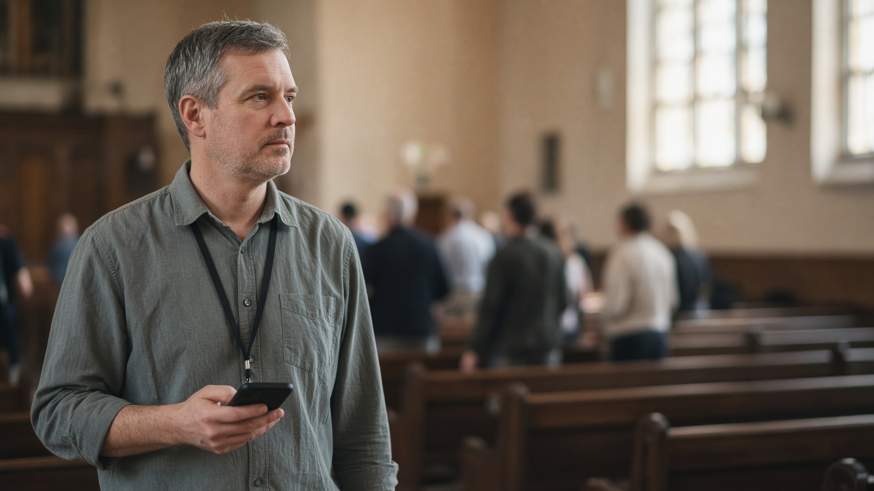 A church safety team volunteer stands at the back of a sanctuary as the congregation arrives, his phone in his hand and its screen dark