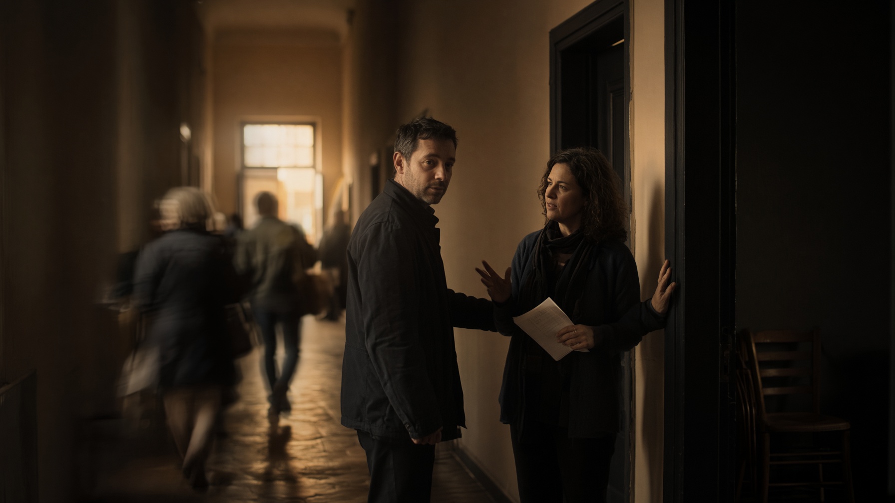 Two church staff members talking in a corridor after a service, one already half-turned to leave while the other is still making a point