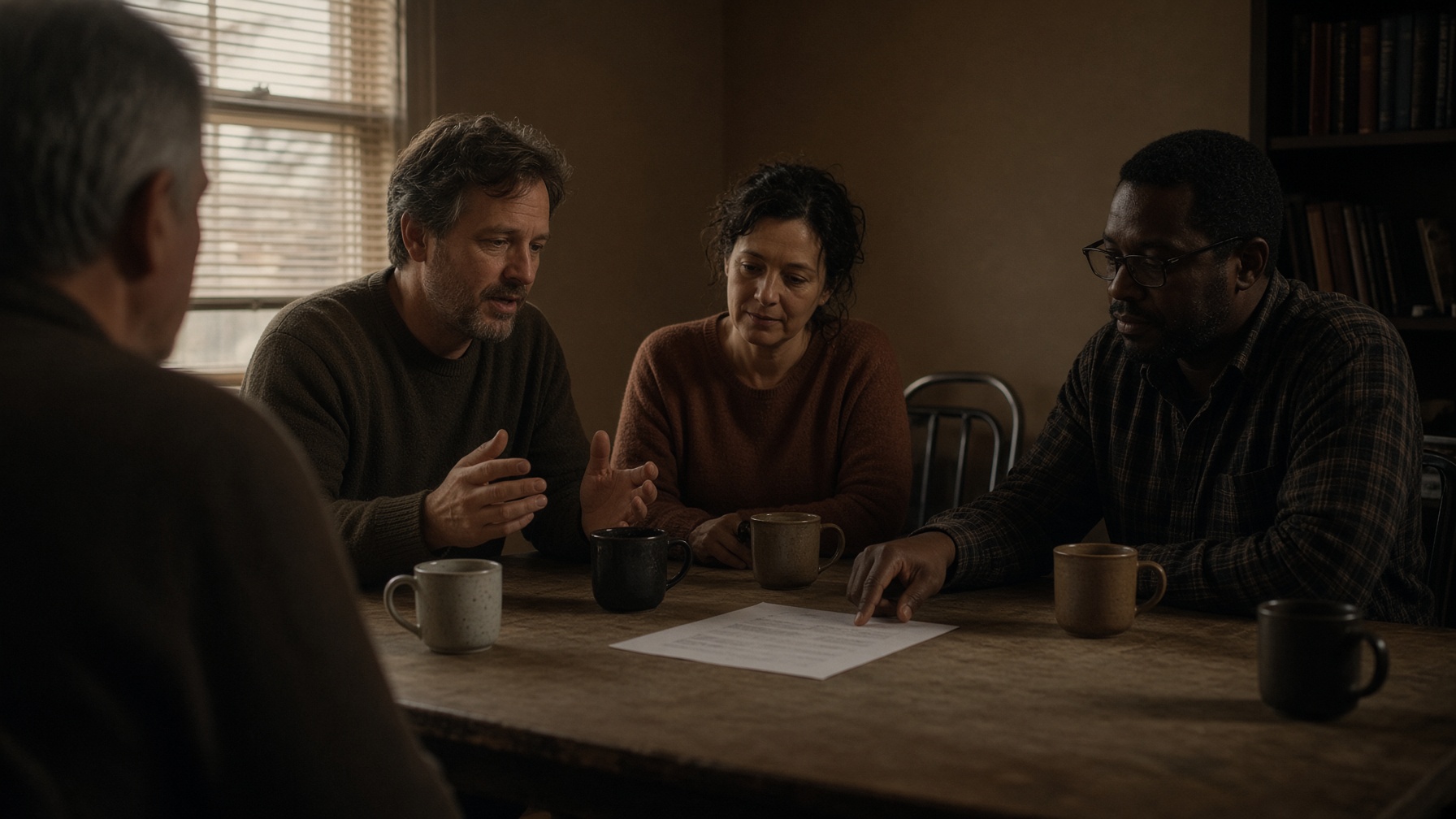 Four church staff members around a table on a Monday morning with coffee and a single printed sheet between them