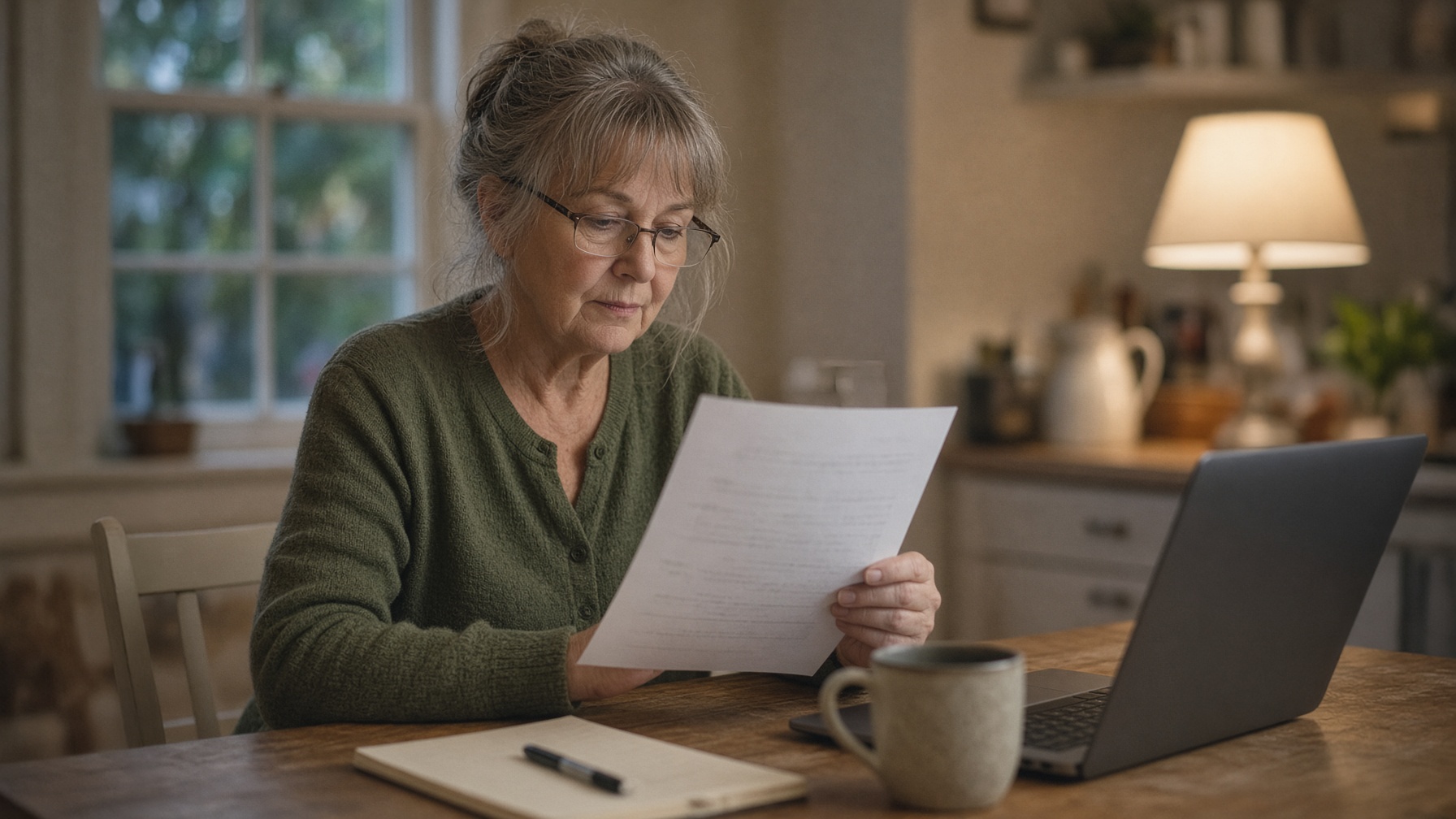 A volunteer church treasurer reads a paper bank statement at her kitchen table in the evening, an open laptop and a mug beside her