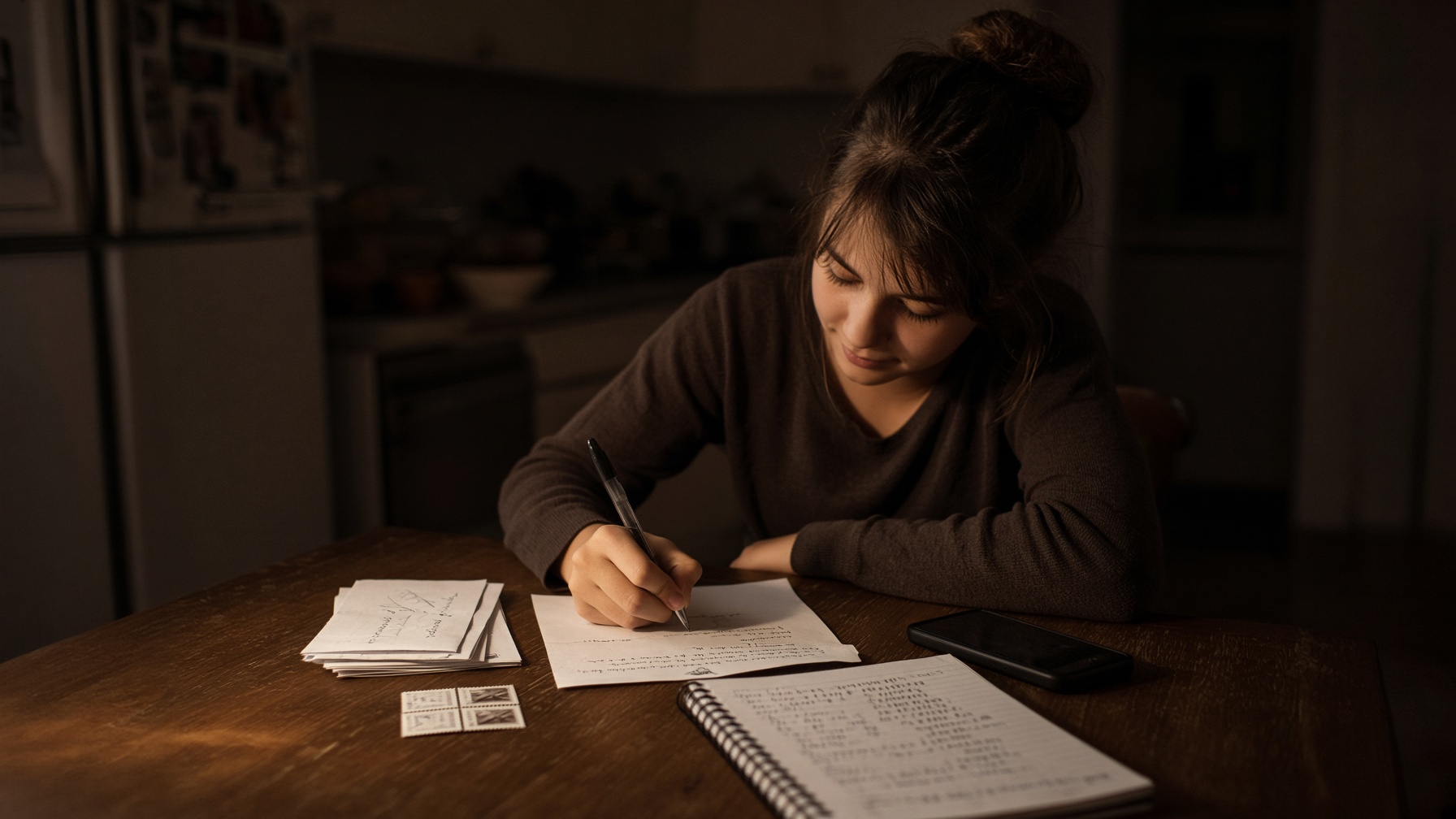 A teenager at a kitchen table writing support letters for a summer mission trip, a stack of stamped envelopes and her phone beside her
