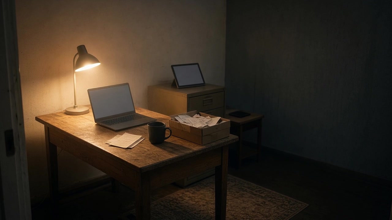 A small church office at night, lit by one desk lamp, the books open on the laptop
