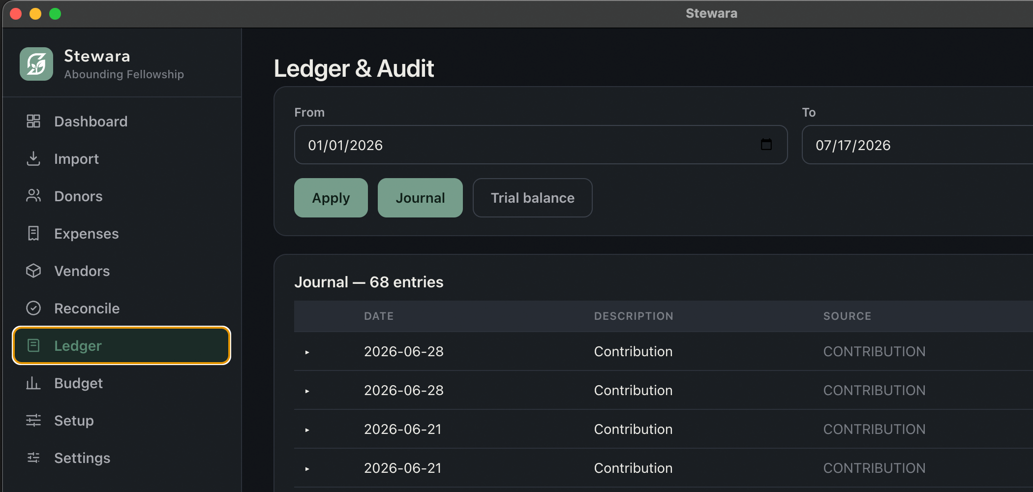 The Stewara Treasury general ledger, open on the desk laptop