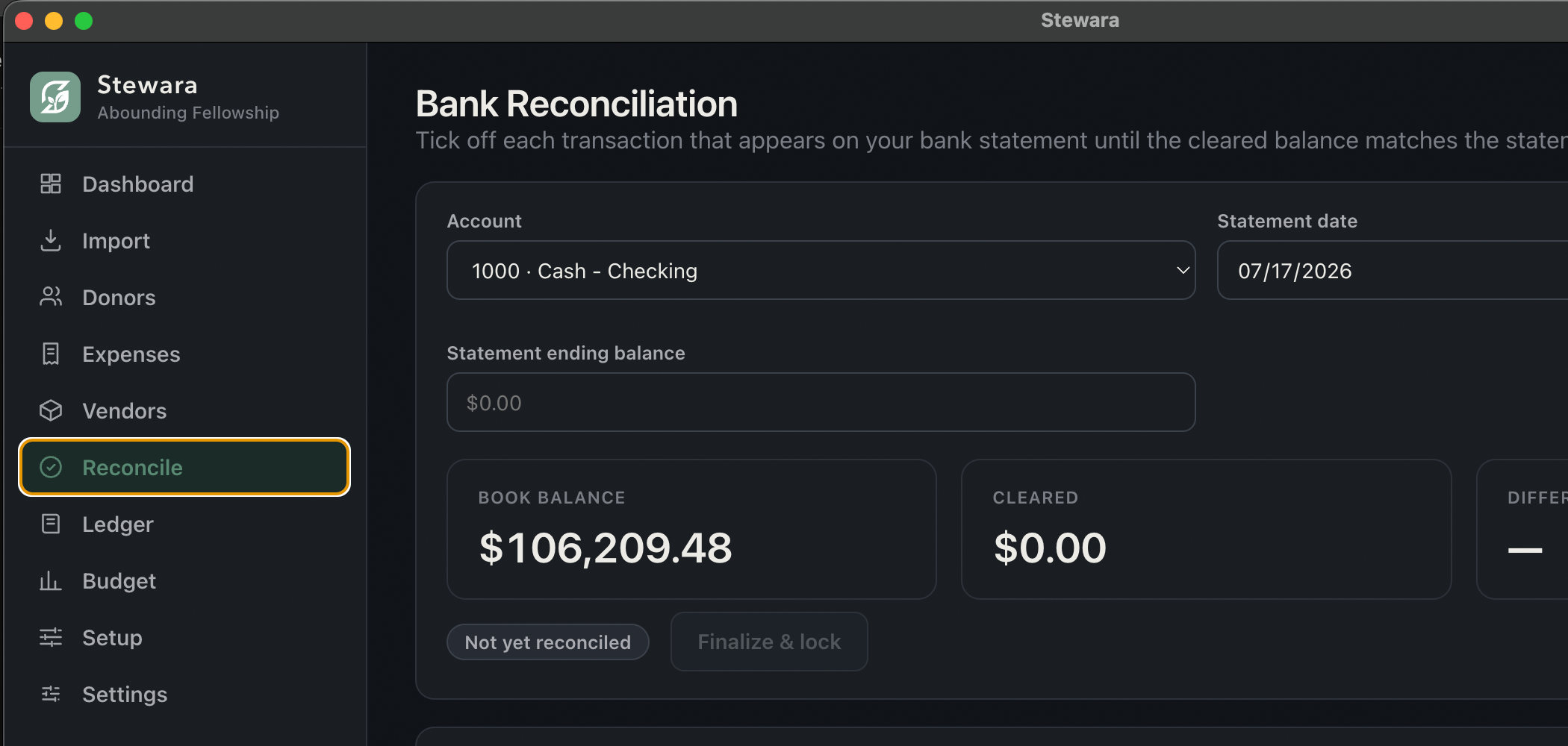 Stewara Treasury. Bank reconciliation worksheet